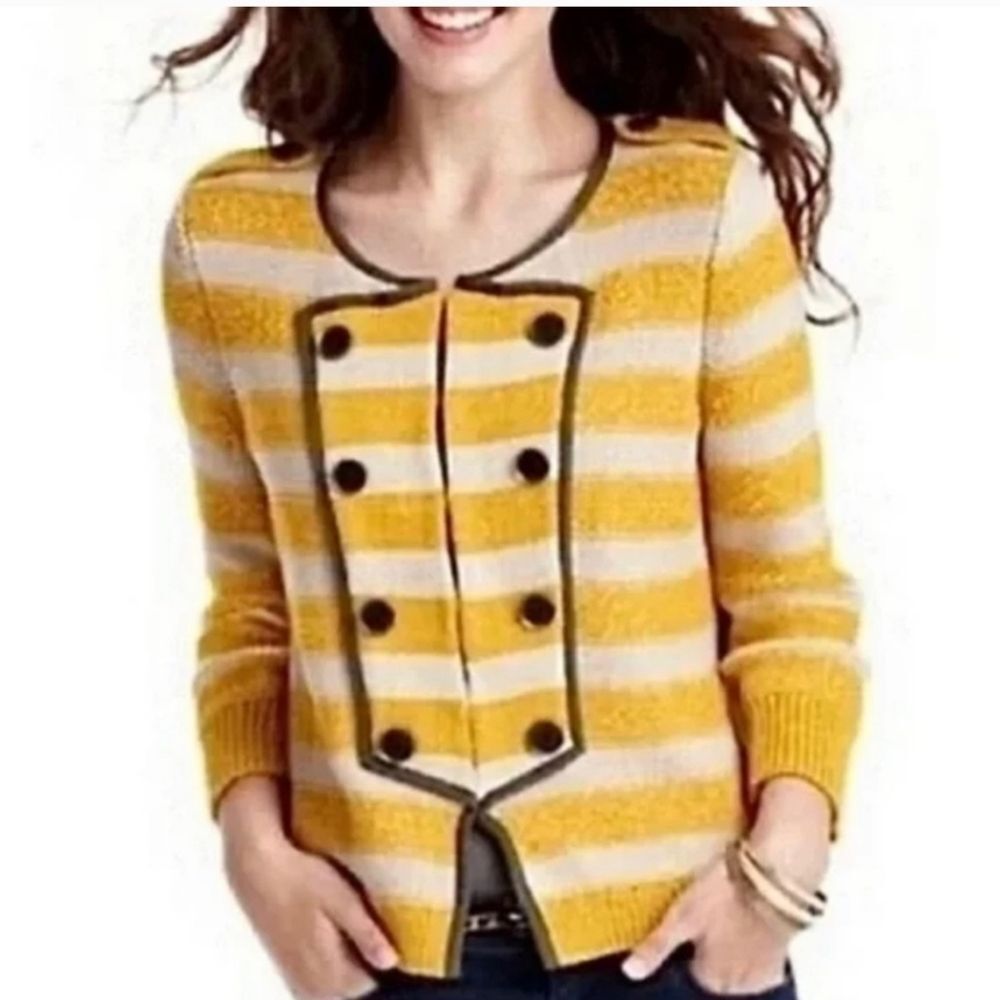 Loft Ann Taylor Mustard Yellow Striped Military Sweater Jacket Size Medium